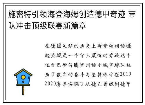 施密特引领海登海姆创造德甲奇迹 带队冲击顶级联赛新篇章