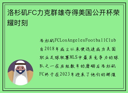 洛杉矶FC力克群雄夺得美国公开杯荣耀时刻