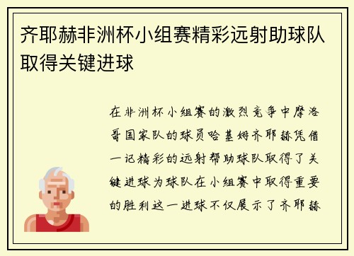 齐耶赫非洲杯小组赛精彩远射助球队取得关键进球